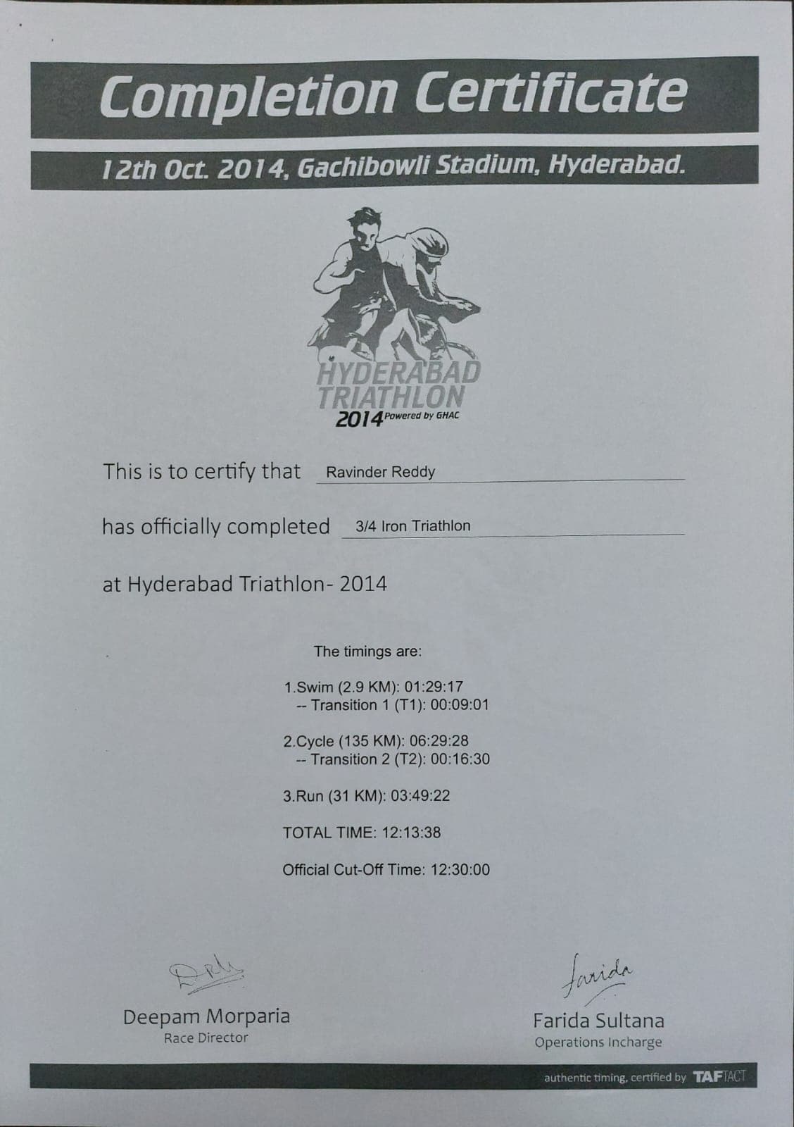 Hyderabad Triathlon 2014 completion certificate for the 3/4 Iron Triathlon