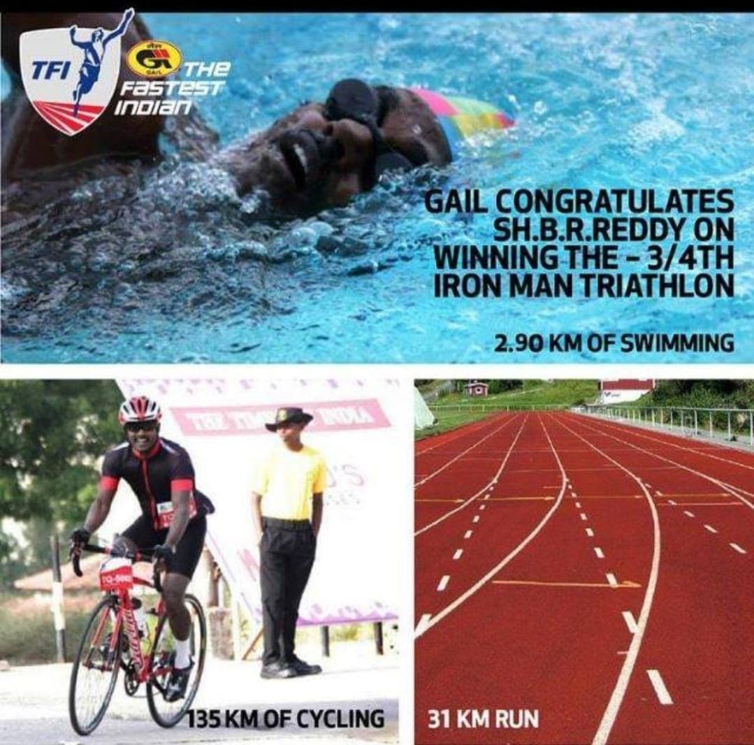 GAIL congratulates Bobba Ravinder Reddy on winning the 3/4 Iron Man Triathlon: swimming, cycling, and running collage