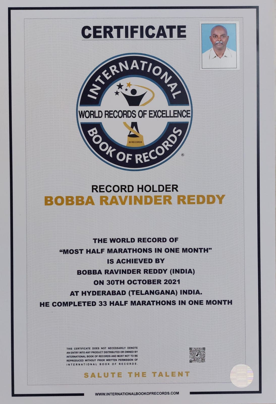 International Book of Records certificate for Most Half Marathons in One Month