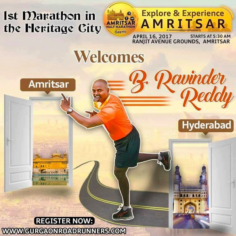 Amritsar Half Marathon poster welcoming B. Ravinder Reddy to the first marathon in the Heritage City