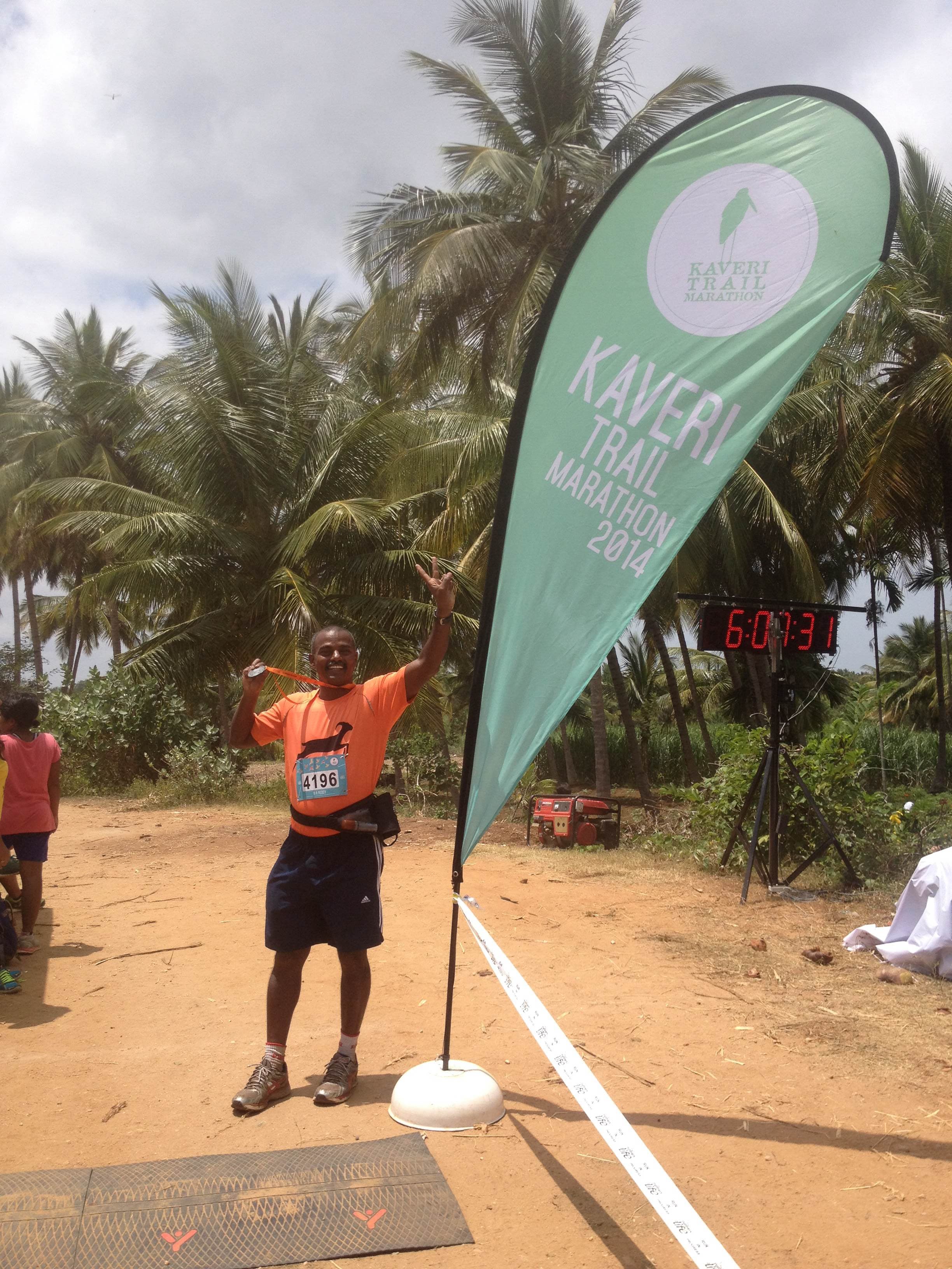 Bobba Ravinder Reddy at the Kaveri Trail Marathon 2014 finish line