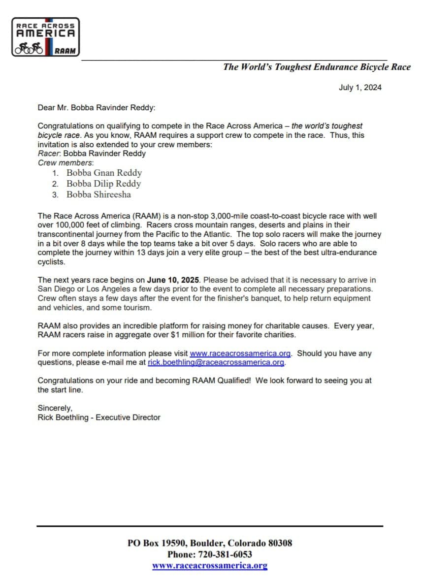 Race Across America qualification invitation letter, July 2024