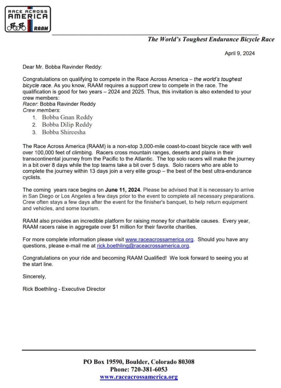 Race Across America qualification invitation letter, April 2024