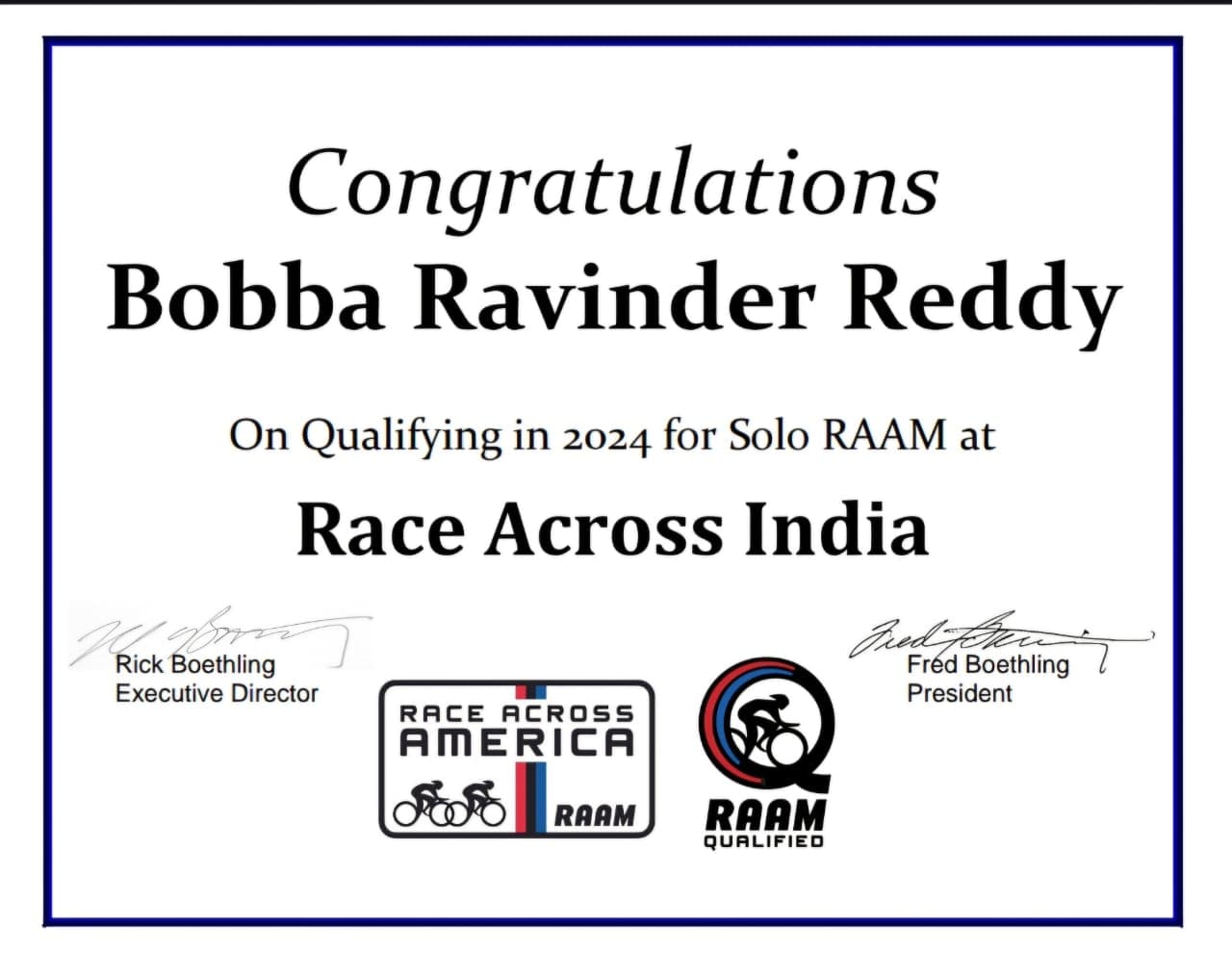 Congratulations graphic for qualifying in 2024 for Solo RAAM at Race Across India