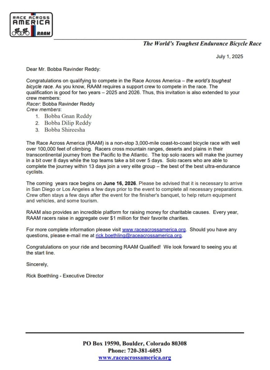 Race Across America qualification invitation letter, July 2025, listing the crew members