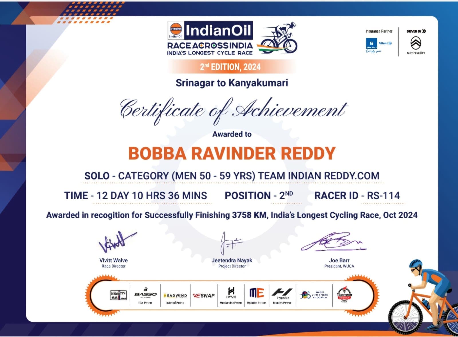 IndianOil Race Across India certificate of achievement for finishing 3758 km