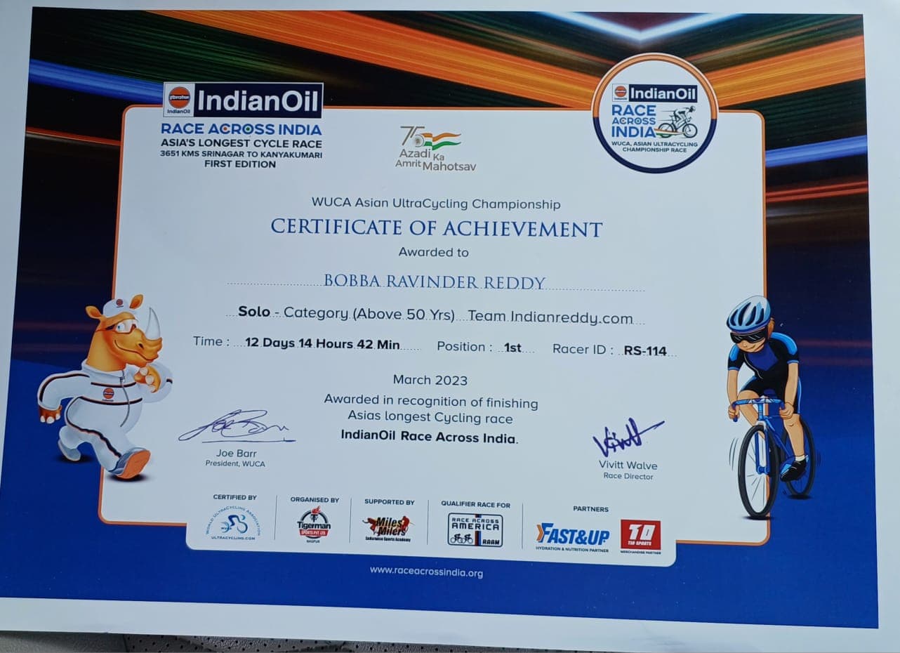 WUCA Asian UltraCycling Championship certificate of achievement