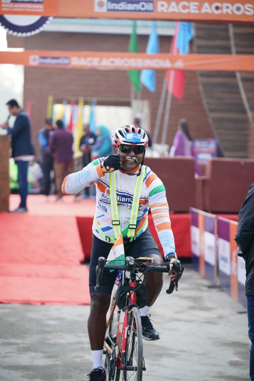 Bobba Ravinder Reddy smiling at the IndianOil Race Across India finish line