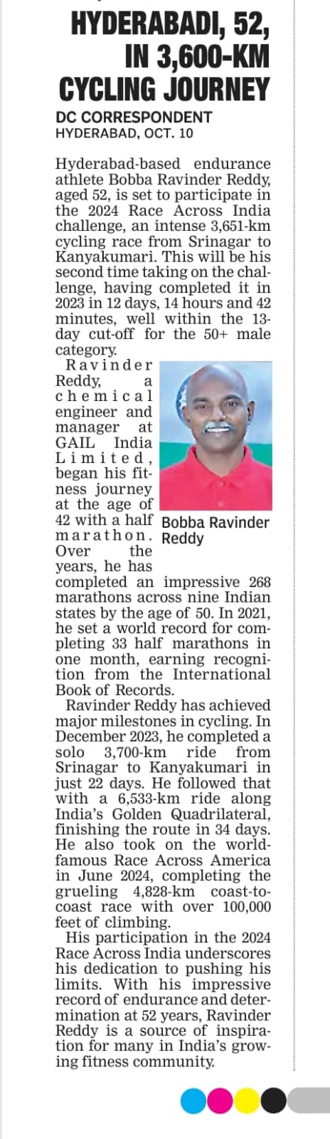 Deccan Chronicle newspaper feature: Hyderabadi, 52, in 3,600-km cycling journey