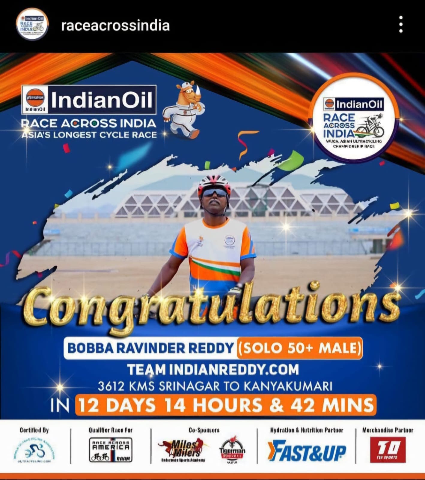 Instagram congratulations post for the 1st edition IndianOil Race Across India finish