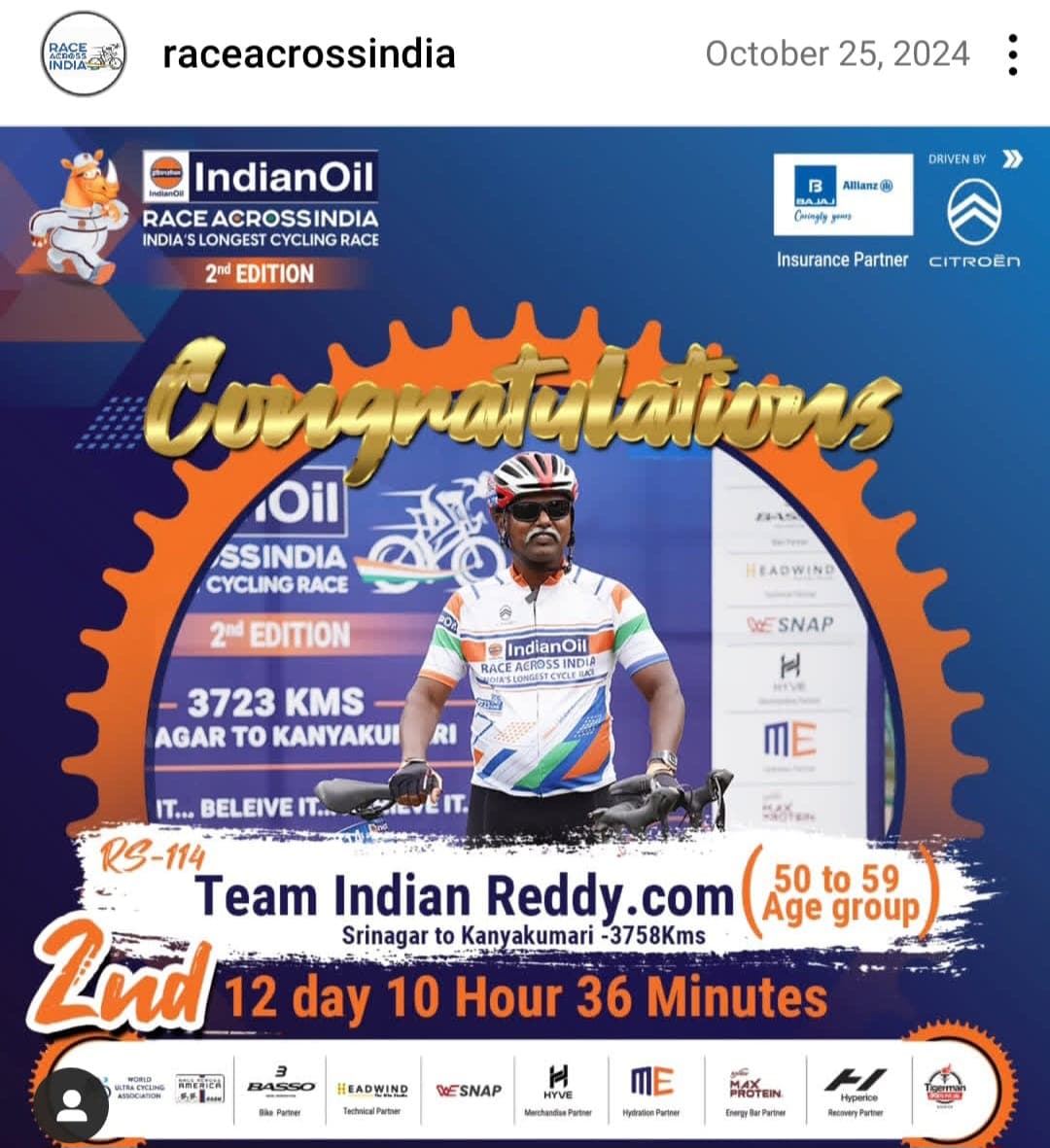 Instagram congratulations post for the 2nd edition IndianOil Race Across India finish