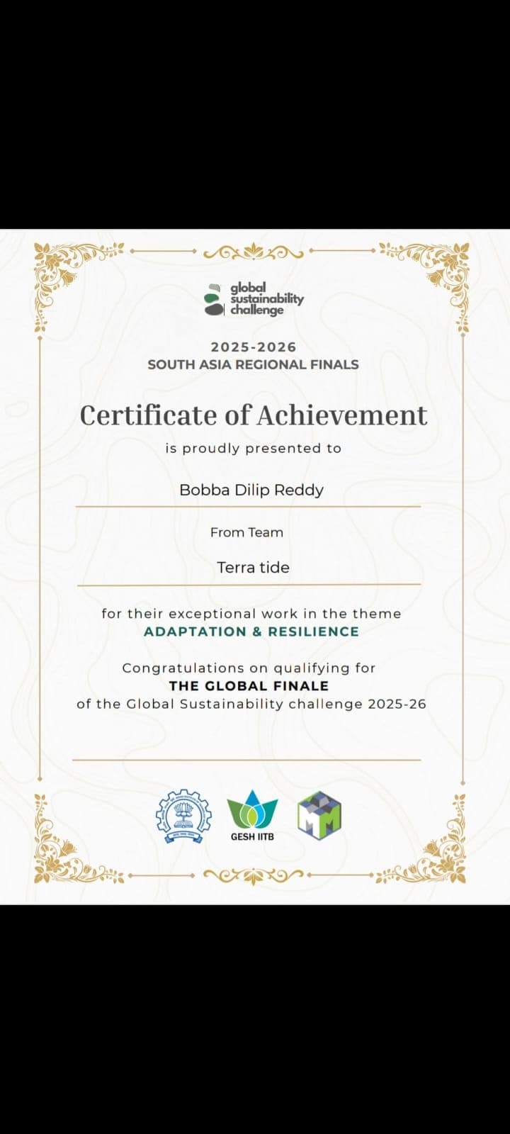 Global Sustainability Challenge 2025-26 Certificate of Achievement awarded to Bobba Dilip Reddy for qualifying for the Global Finale