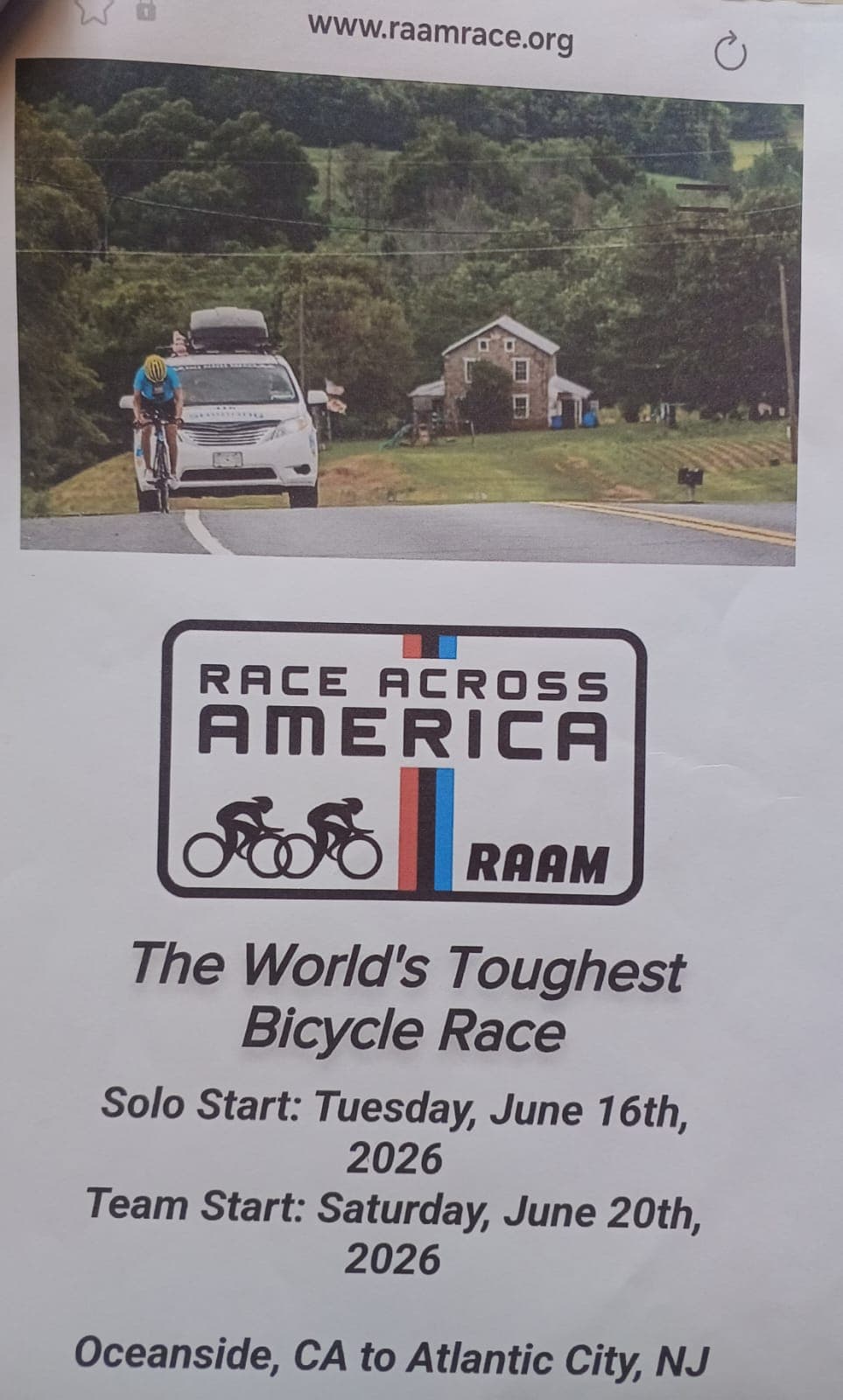 Race Across America 2026 event poster listing solo and team start dates, Oceanside CA to Atlantic City NJ