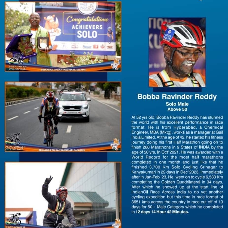 Race Across India Asia's Longest Cycling Race achiever profile poster for Bobba Ravinder Reddy, Solo Male Above 50 category