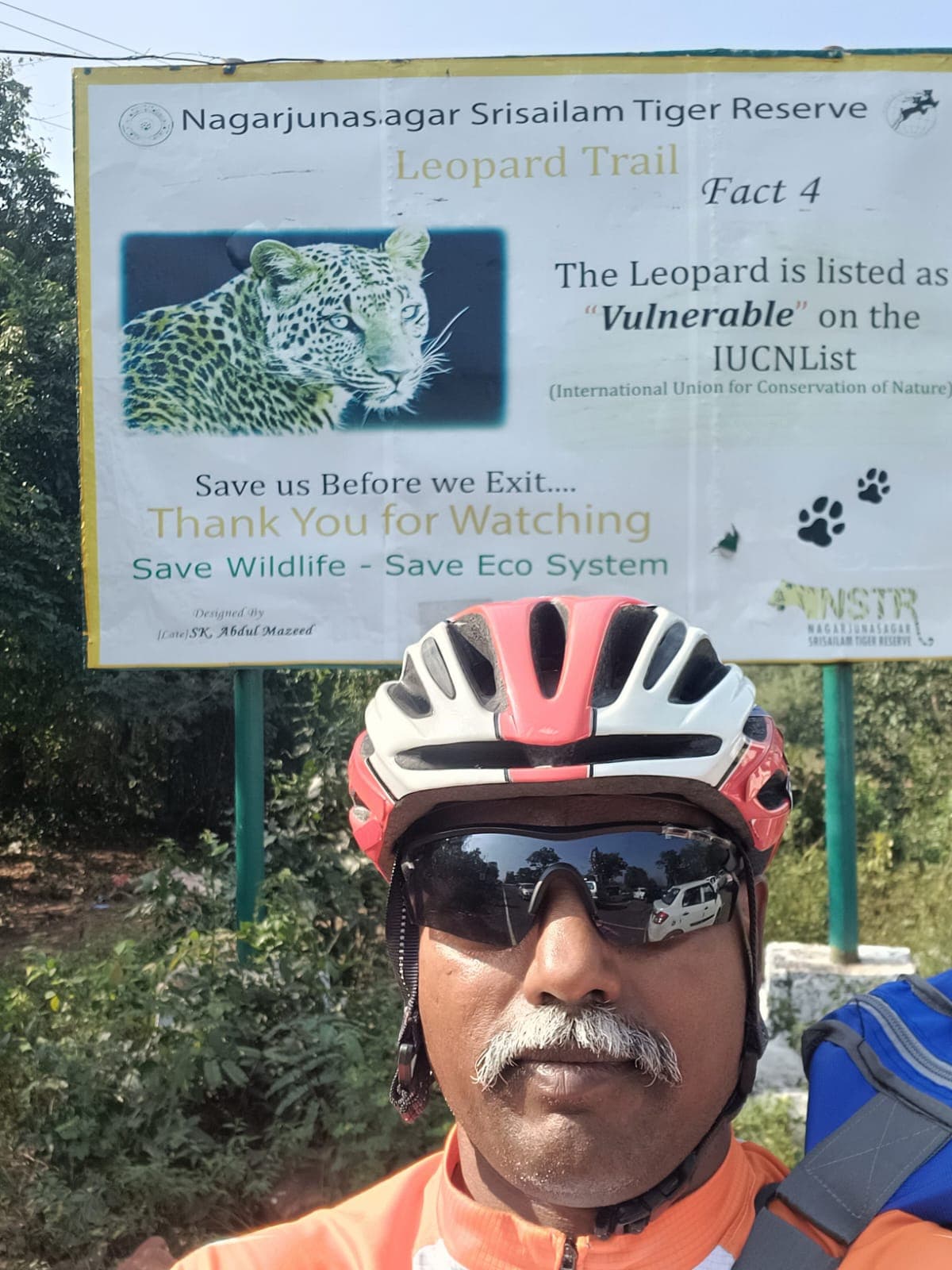 Bobba Ravinder Reddy selfie beside a Leopard Trail wildlife awareness board at Nagarjunasagar Srisailam Tiger Reserve